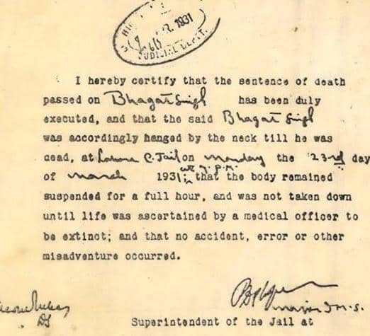 Death Certificate of Bhagat Singh